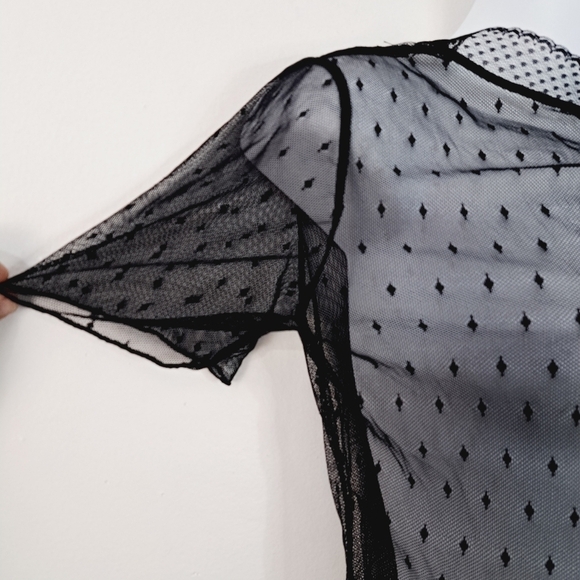 Unbranded Black Sheer Short Sleeve Swiss Dot Diamond Top‎ - Picture 3 of 6